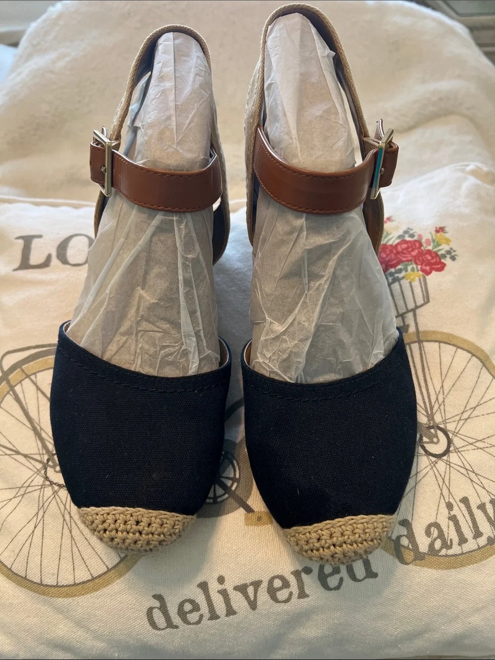 Tommy Hilfiger Navy Blue Canvas Espadrille Wedges with Brown Ankle Strap